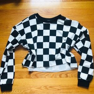 Checkered Boxy cropped terry fabric sweater top